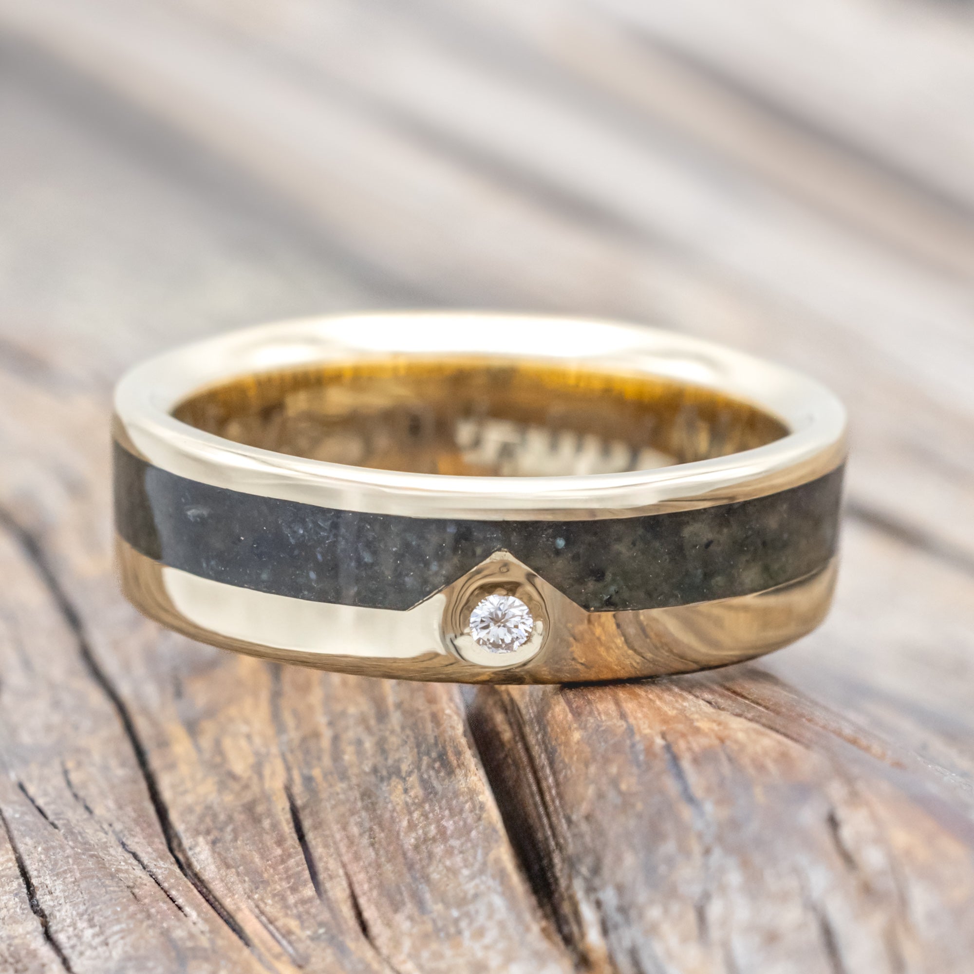 "HELIOS" - CRUSHED MOSS AGATE SINGLE PEAK MOUNTAIN RANGE WEDDING RING FEATURING A DIAMOND ACCENT-Staghead Designs