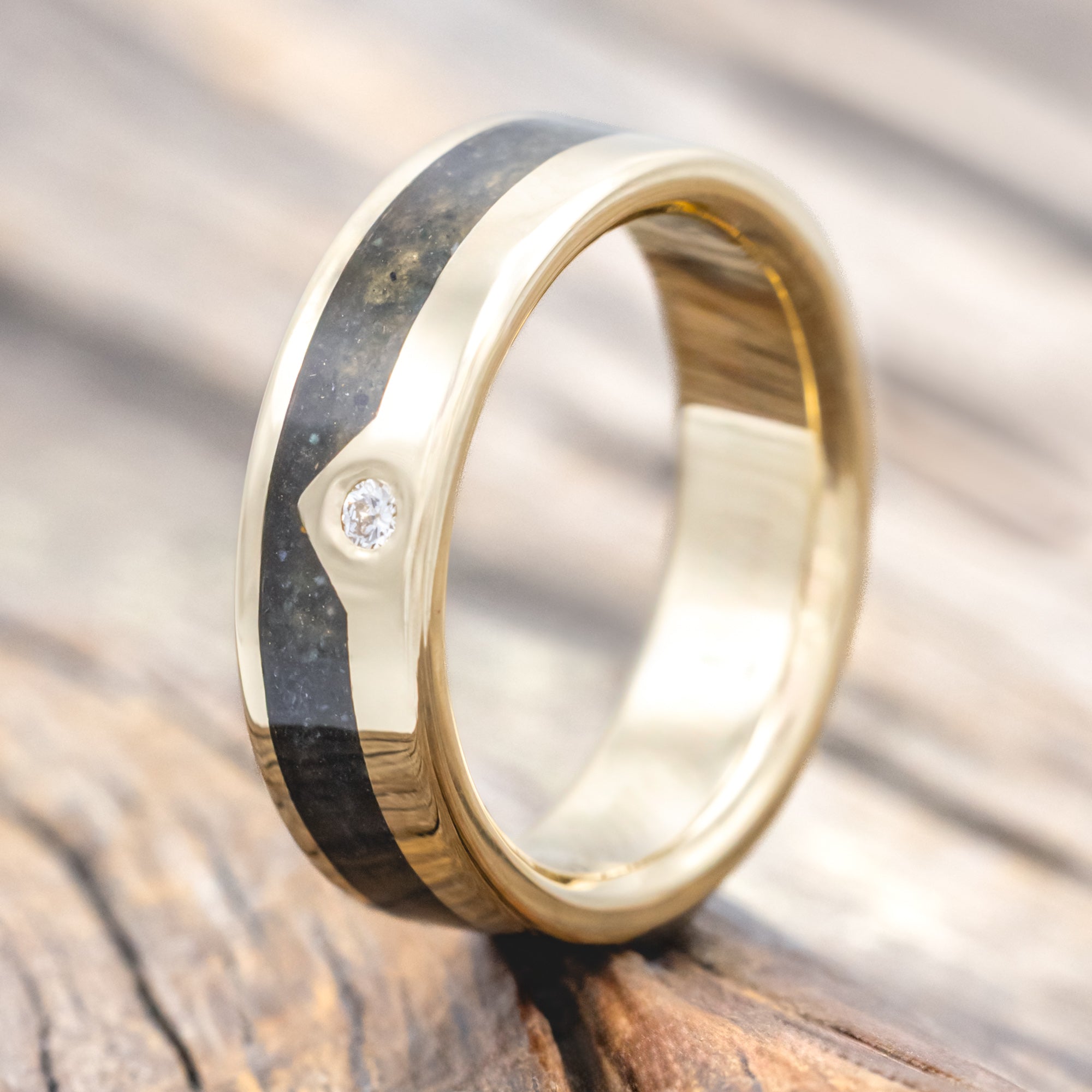 "HELIOS" - CRUSHED MOSS AGATE SINGLE PEAK MOUNTAIN RANGE WEDDING RING FEATURING A DIAMOND ACCENT-Staghead Designs