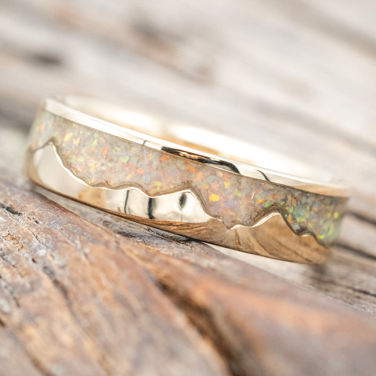 "Helios" - Fire And Ice Opal & 14K Gold Mountain Range Wedding Ring