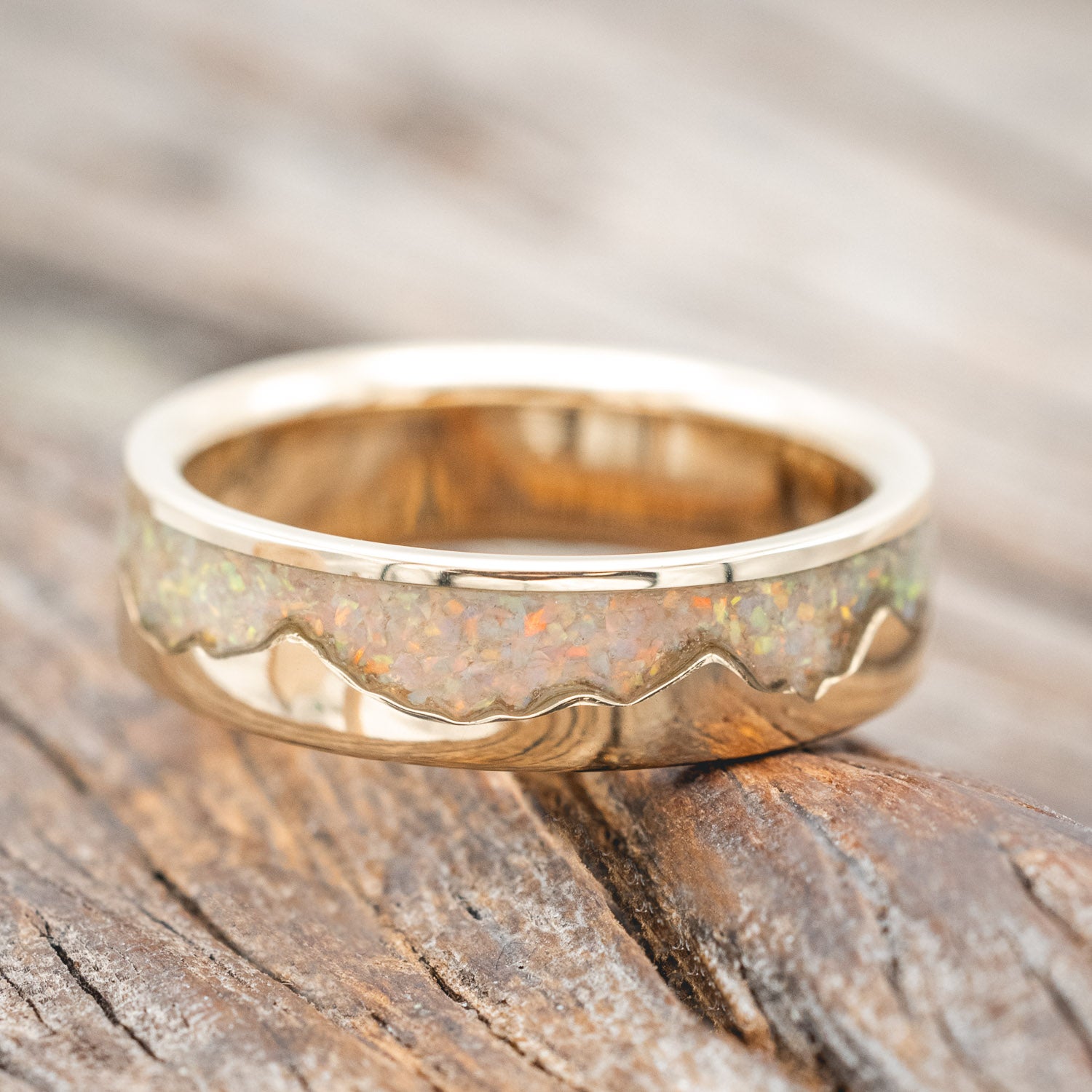 "HELIOS" - FIRE AND ICE OPAL & GOLD MOUNTAIN RANGE WEDDING RING FEATURING A 14K GOLD BAND-Staghead Designs