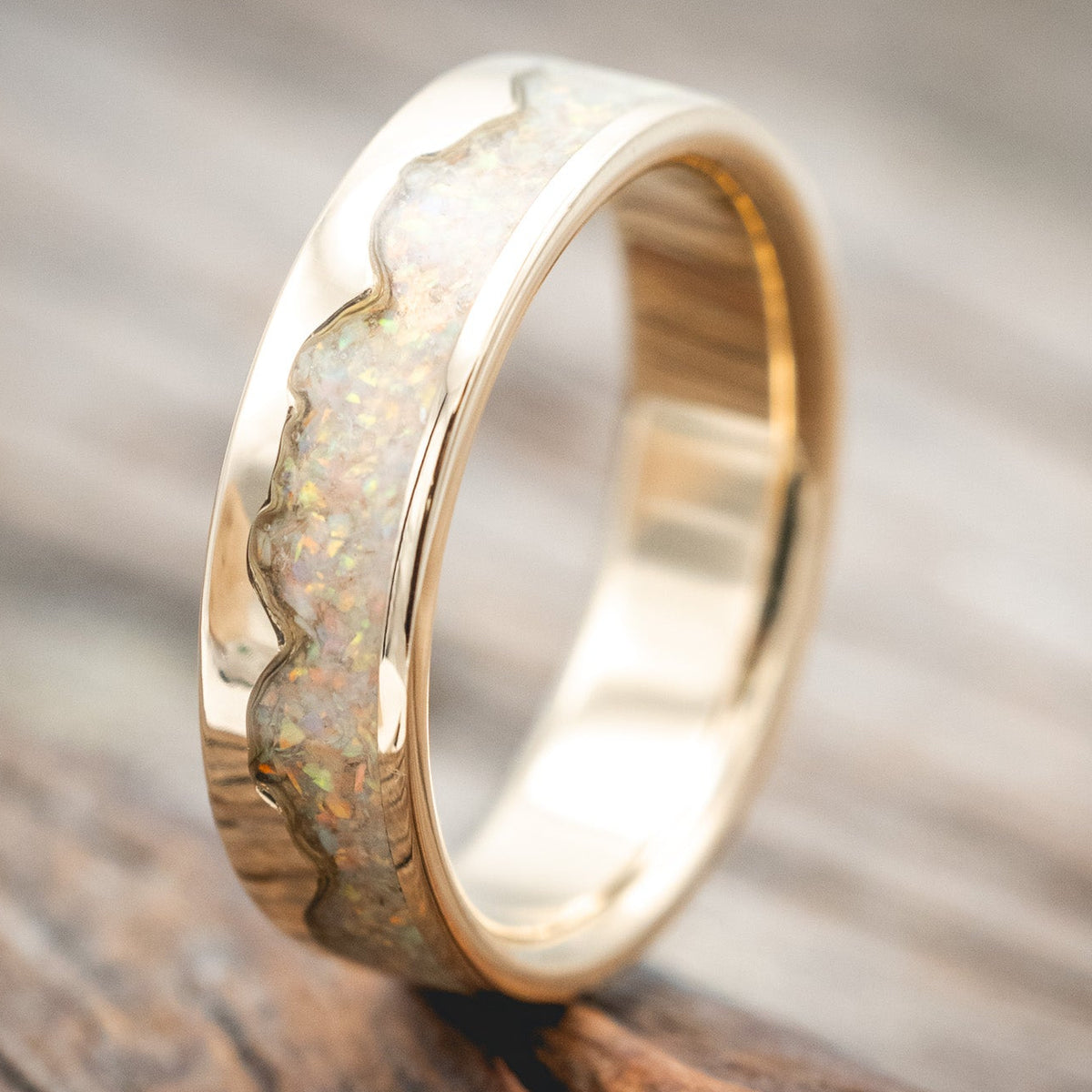 "Helios" - Fire And Ice Opal & 14K Gold Mountain Range Wedding Ring