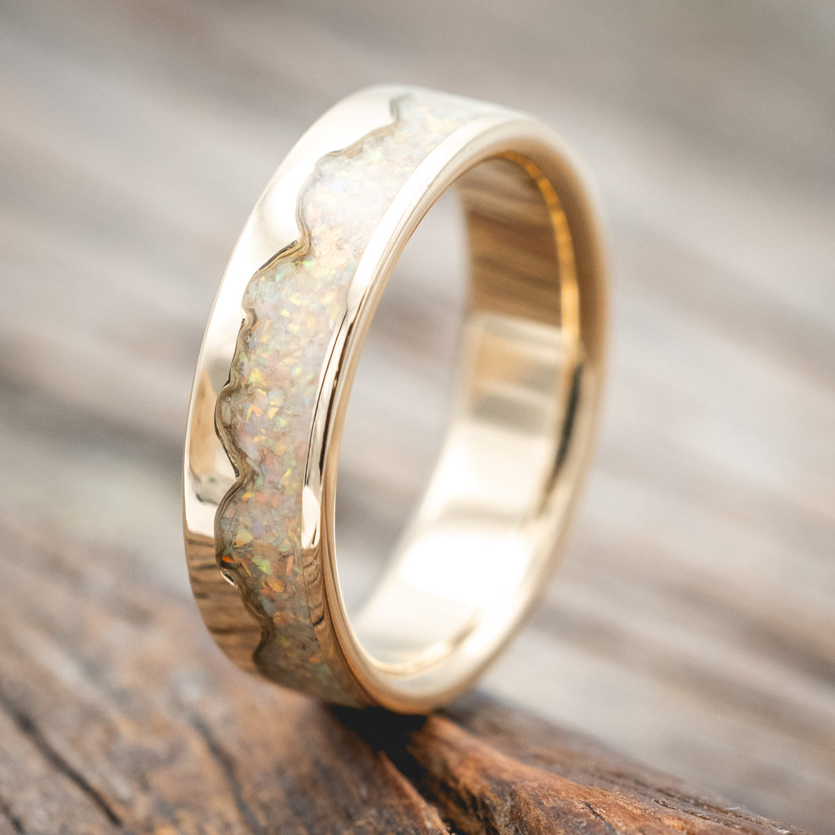 "Helios" - Fire And Ice Opal & 14K Gold Mountain Range Wedding Ring-Staghead Designs