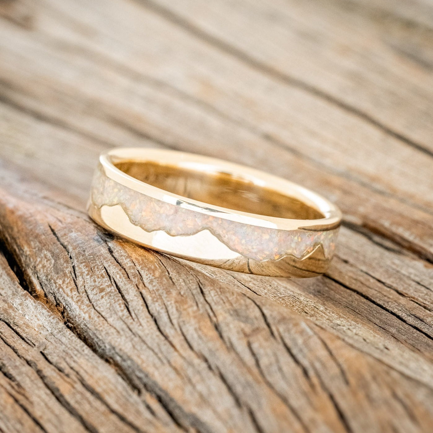 "HELIOS" - MATCHING SET OF FIRE & ICE OPAL INLAY MOUNTAIN RANGE WEDDING BANDS-Staghead Designs