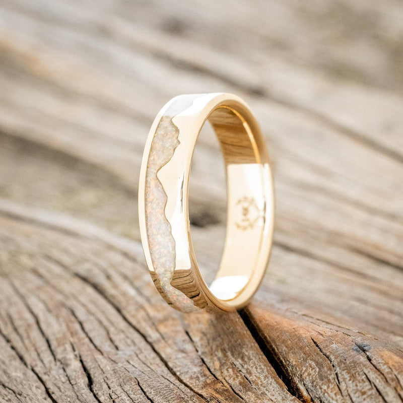 "HELIOS" - MATCHING SET OF FIRE & ICE OPAL INLAY MOUNTAIN RANGE WEDDING BANDS