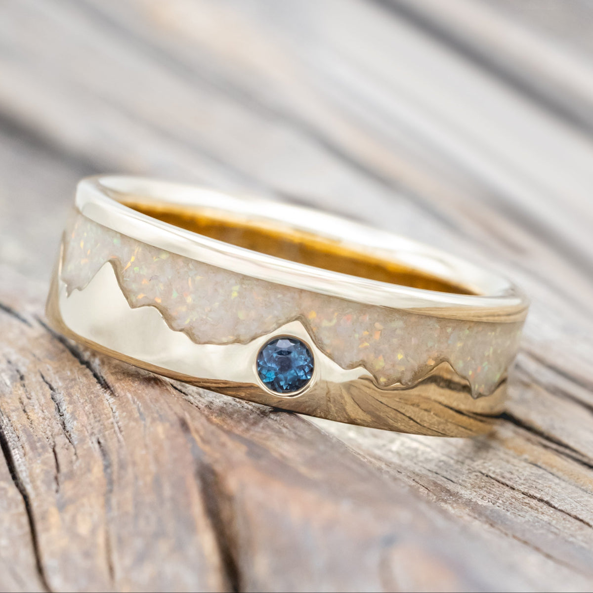 "HELIOS" - FIRE AND ICE OPAL & GOLD MOUNTAIN RANGE WEDDING RING FEATURING A ROUND CUT GEMSTONE ACCENT-Staghead Designs
