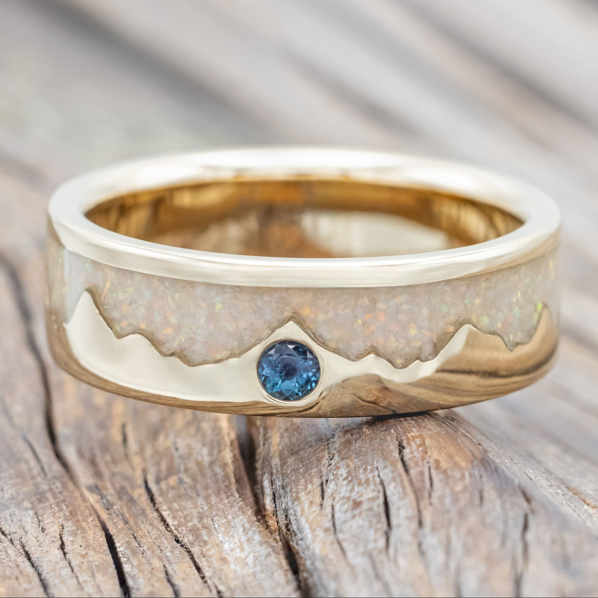 "HELIOS" - FIRE AND ICE OPAL & GOLD MOUNTAIN RANGE WEDDING RING FEATURING A ROUND CUT GEMSTONE ACCENT-Staghead Designs