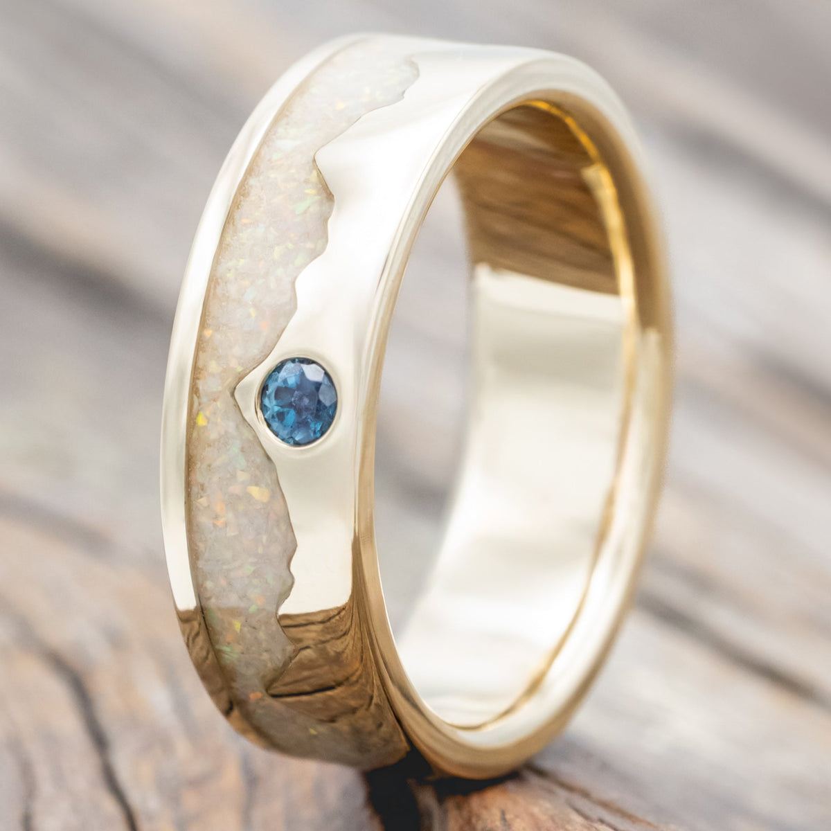 "HELIOS" - FIRE AND ICE OPAL & GOLD MOUNTAIN RANGE WEDDING RING FEATURING A ROUND CUT GEMSTONE ACCENT-Staghead Designs