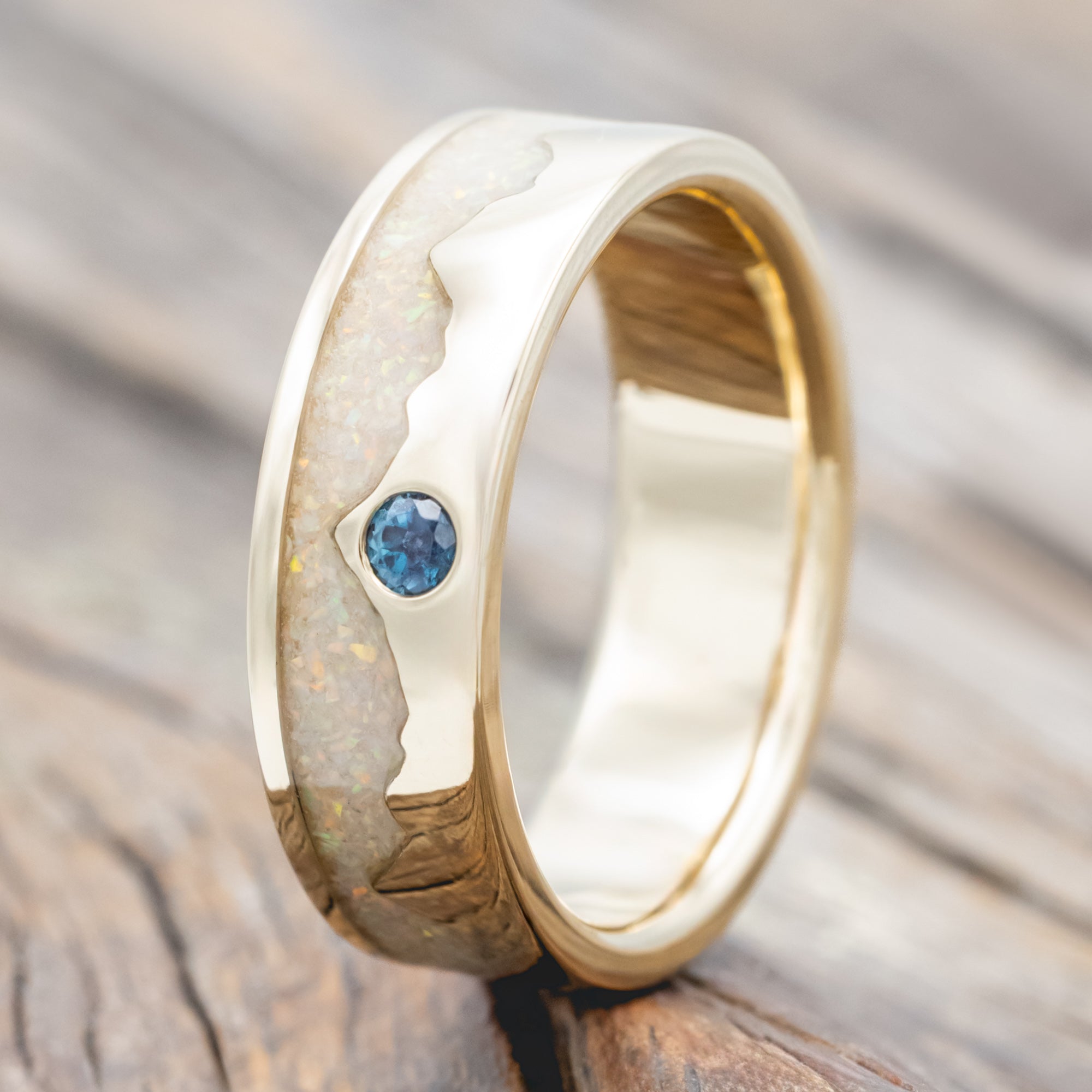 "HELIOS" - FIRE AND ICE OPAL & GOLD MOUNTAIN RANGE WEDDING RING FEATURING A ROUND CUT GEMSTONE ACCENT-Staghead Designs