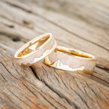 "HELIOS" - MATCHING SET OF FIRE & ICE OPAL INLAY MOUNTAIN RANGE WEDDING BANDS