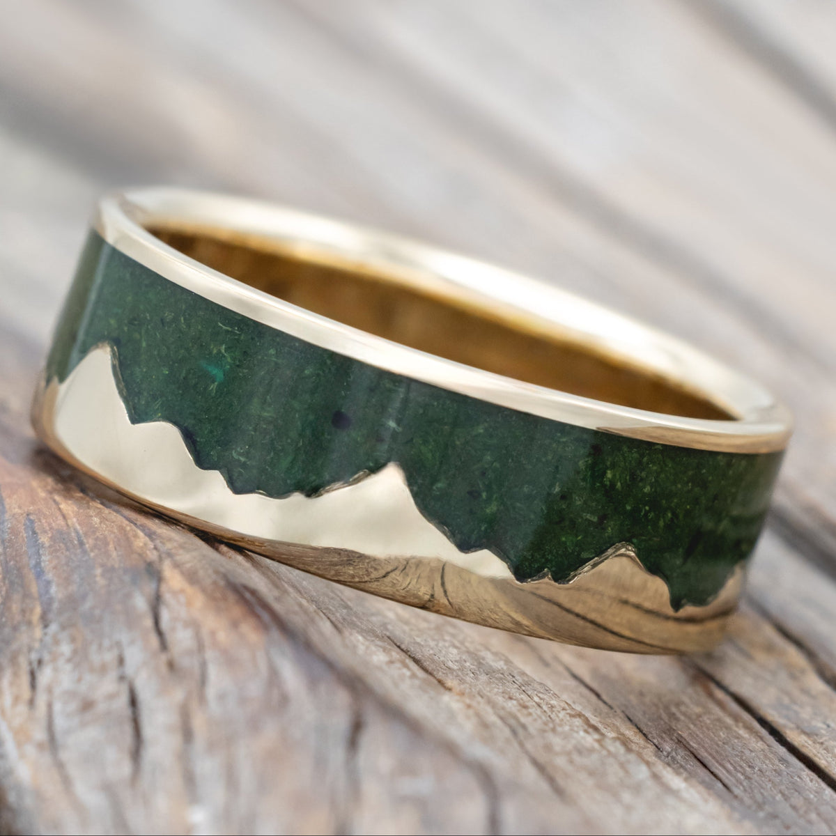 "Helios" - Moss & 14K Gold Mountain Range Men's Wedding Band-Staghead Designs