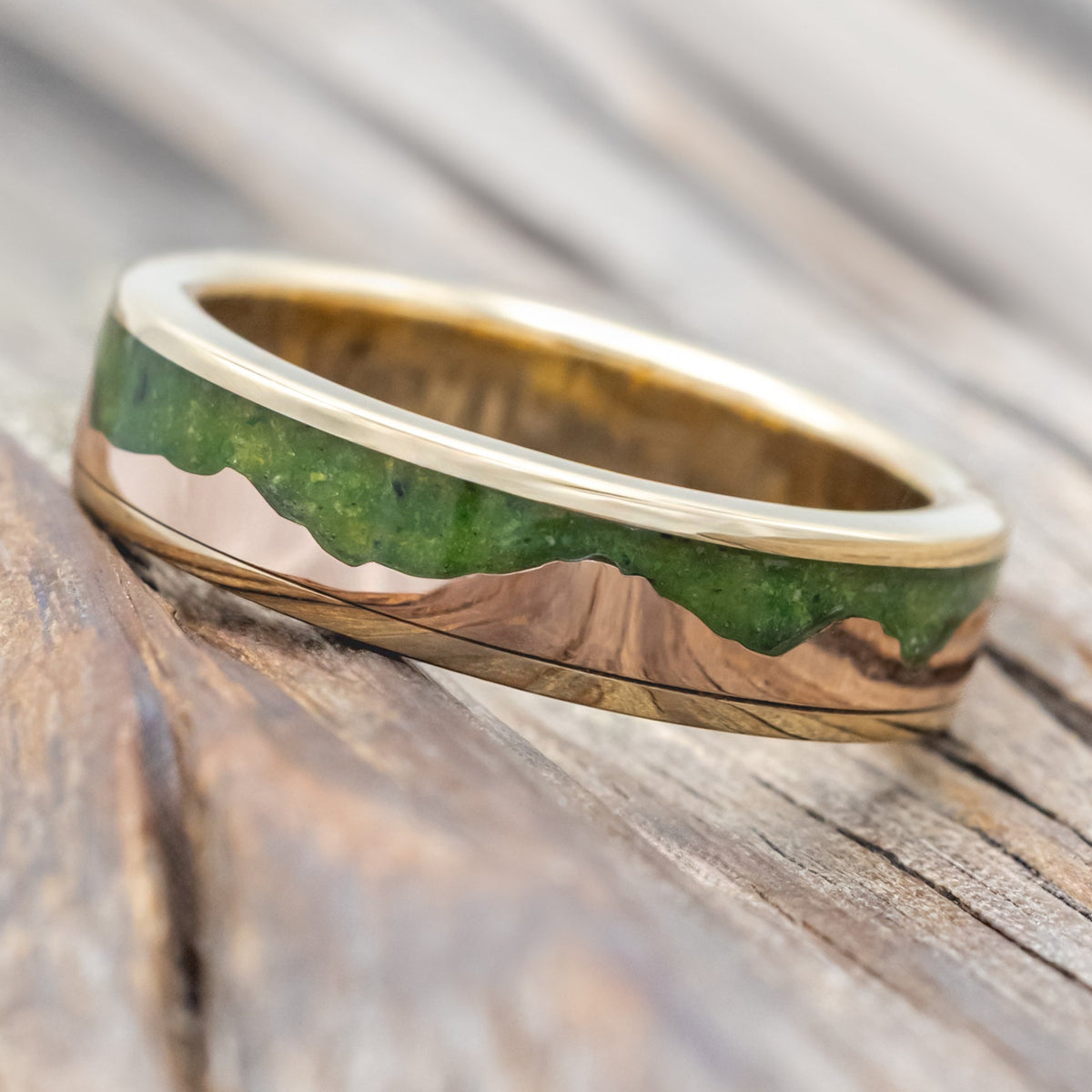 "HELIOS" - MOSS & 14K GOLD MOUNTAIN RANGE WEDDING BAND-Staghead Designs