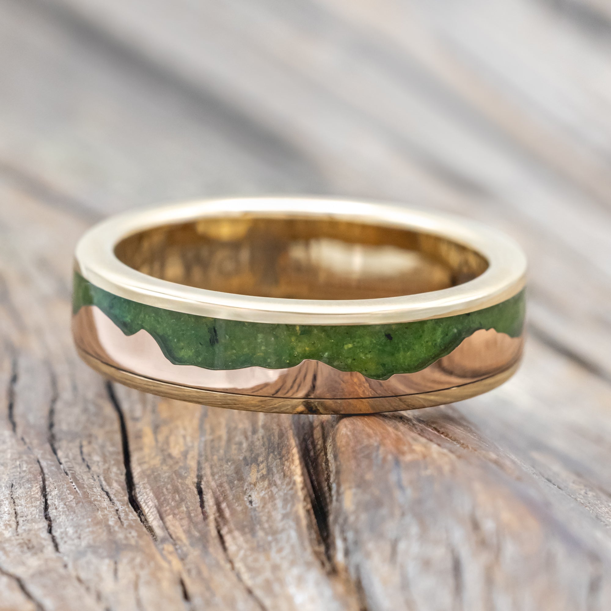 "HELIOS" - MOSS & 14K GOLD MOUNTAIN RANGE WEDDING BAND-Staghead Designs