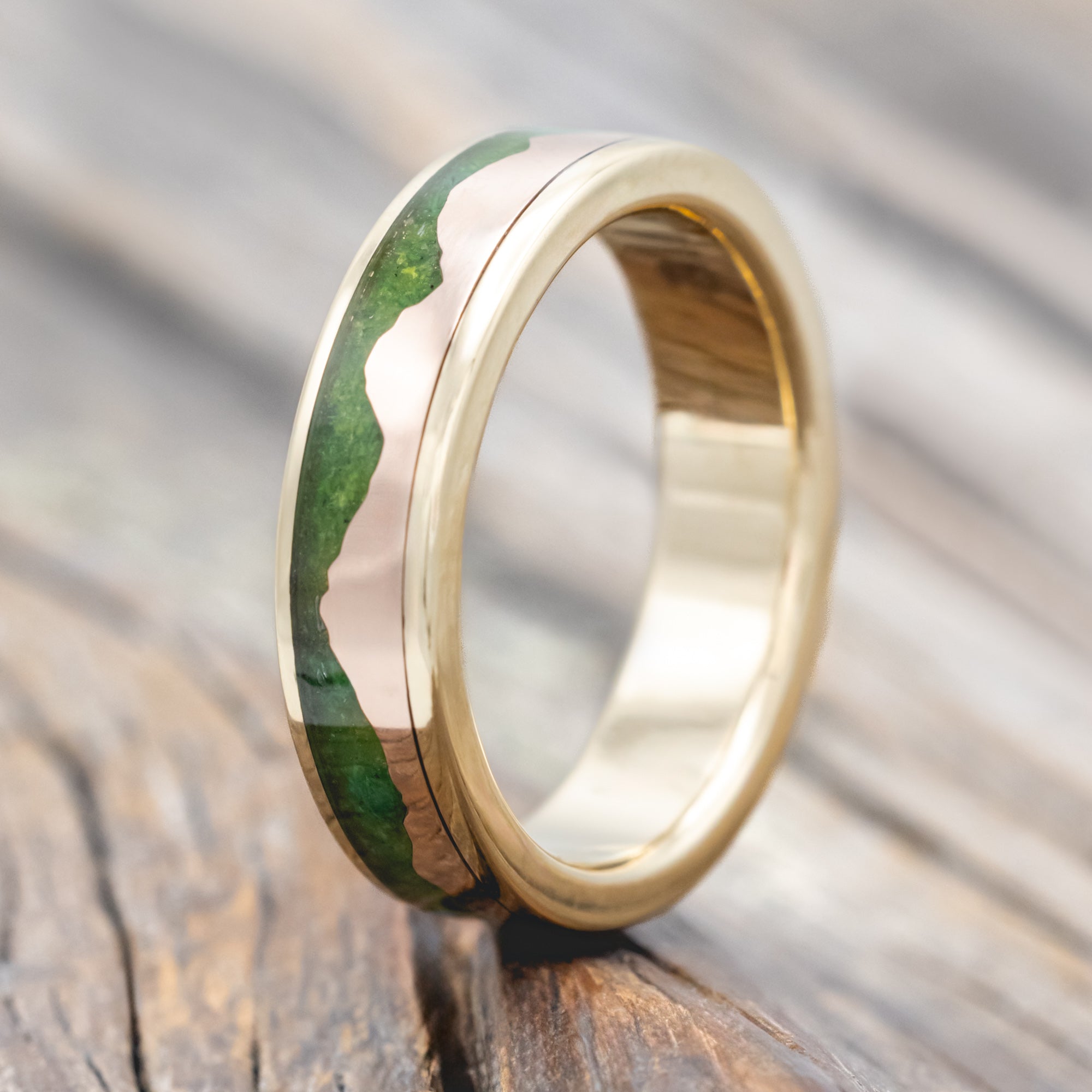 "HELIOS" - MOSS & 14K GOLD MOUNTAIN RANGE WEDDING BAND-Staghead Designs