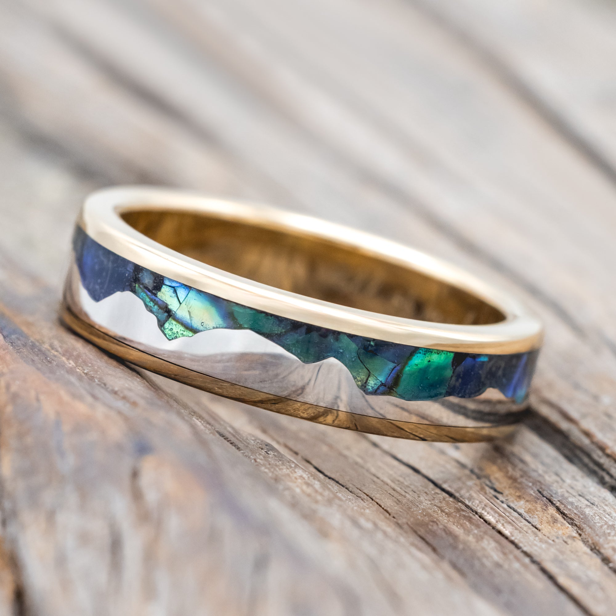"HELIOS" - PAUA SHELL & SILVER MOUNTAIN RANGE WEDDING RING-Staghead Designs