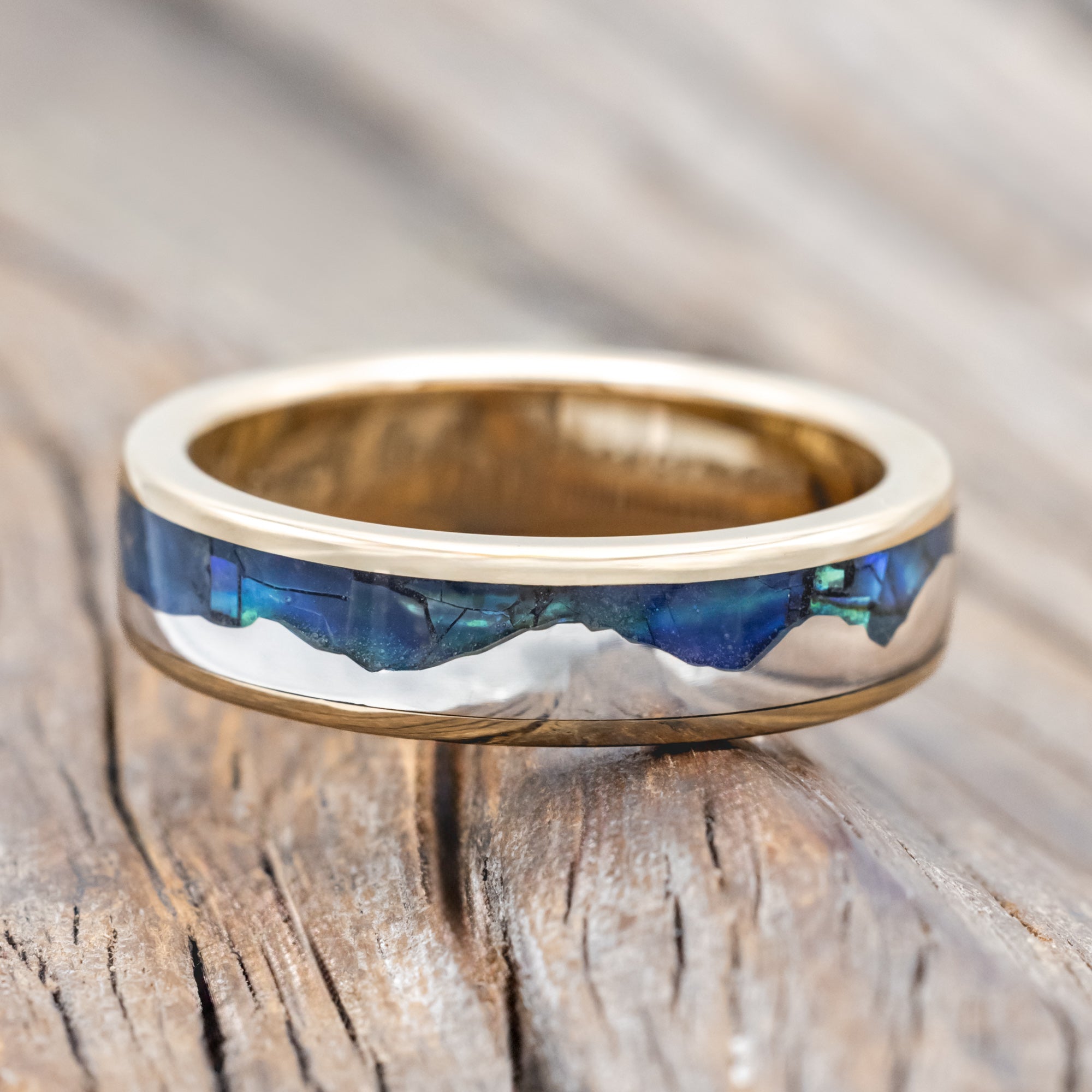 "HELIOS" - PAUA SHELL & SILVER MOUNTAIN RANGE WEDDING RING-Staghead Designs