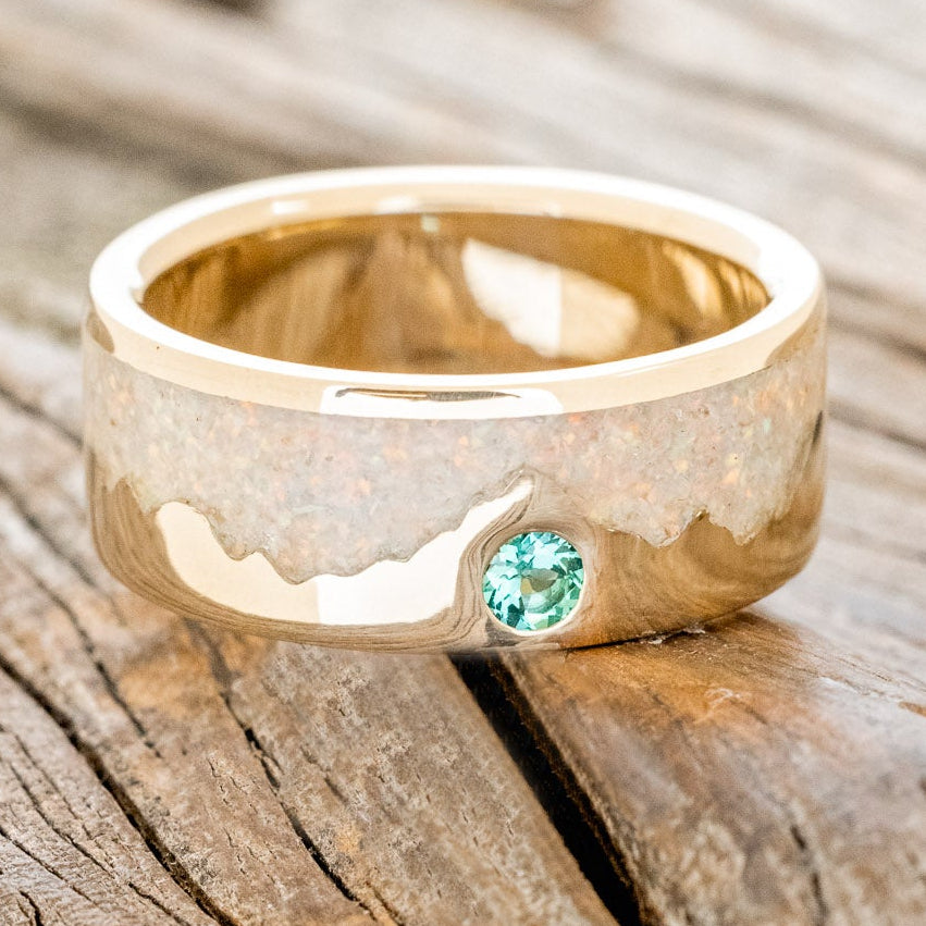 "HELIOS" - FIRE AND ICE OPAL & GOLD MOUNTAIN RANGE WEDDING RING FEATURING A LAB GROWN EMERALD ACCENT-3