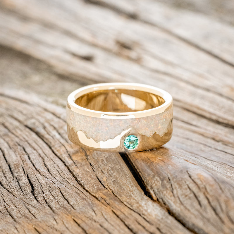 "HELIOS" - FIRE AND ICE OPAL & GOLD MOUNTAIN RANGE WEDDING RING FEATURING AN EMERALD ACCENT - 14K YELLOW GOLD - SIZE 7-3