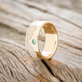 "HELIOS" - FIRE AND ICE OPAL & GOLD MOUNTAIN RANGE WEDDING RING FEATURING AN EMERALD ACCENT - 14K YELLOW GOLD - SIZE 7-2