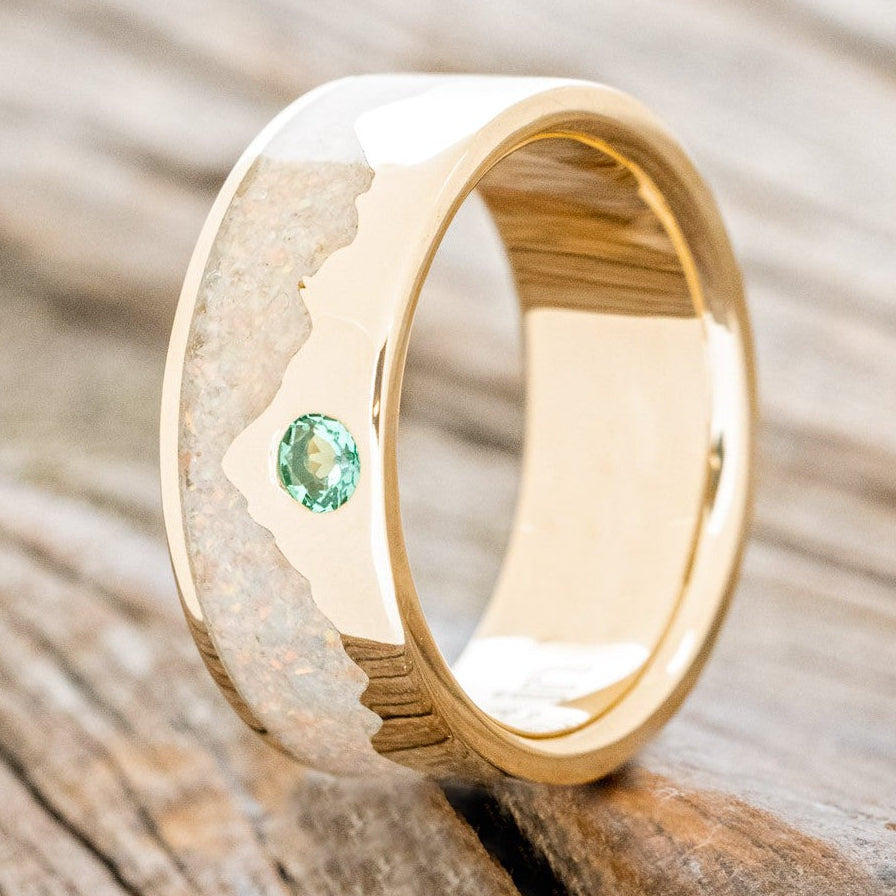 "HELIOS" - FIRE AND ICE OPAL & GOLD MOUNTAIN RANGE WEDDING RING FEATURING A LAB GROWN EMERALD ACCENT-2