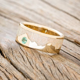 "HELIOS" - FIRE AND ICE OPAL & GOLD MOUNTAIN RANGE WEDDING RING FEATURING AN EMERALD ACCENT - 14K YELLOW GOLD - SIZE 7-1