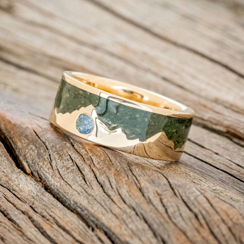 "HELIOS" - MOSS & GOLD MOUNTAIN RANGE WEDDING RING FEATURING A MONTANA SAPPHIRE ACCENT - 2