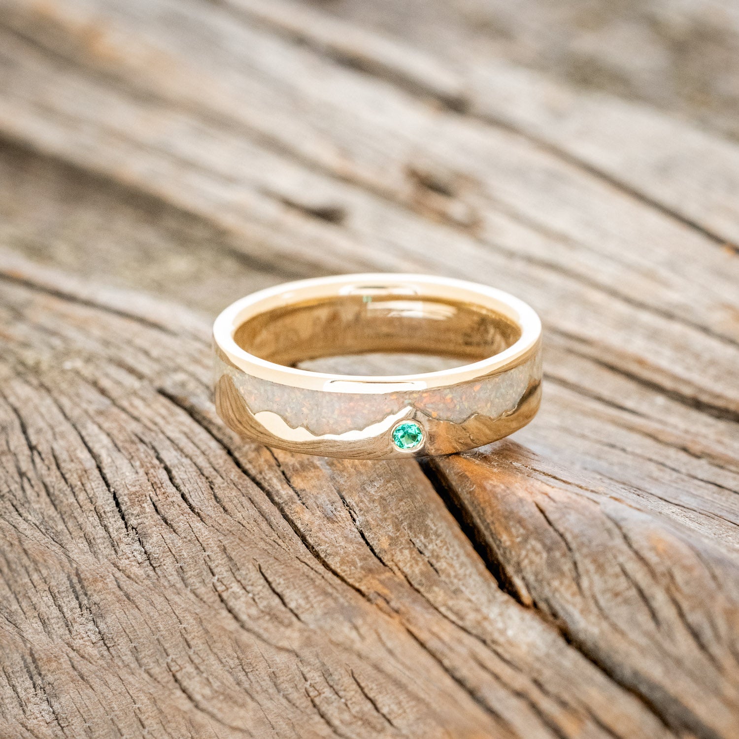 "HELIOS" - FIRE AND ICE OPAL & GOLD MOUNTAIN RANGE WEDDING RING FEATURING A LAB-GROWN EMERALD ACCENT-3