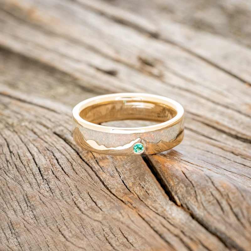 "HELIOS" - FIRE AND ICE OPAL & GOLD MOUNTAIN RANGE WEDDING RING FEATURING A LAB-GROWN EMERALD ACCENT
