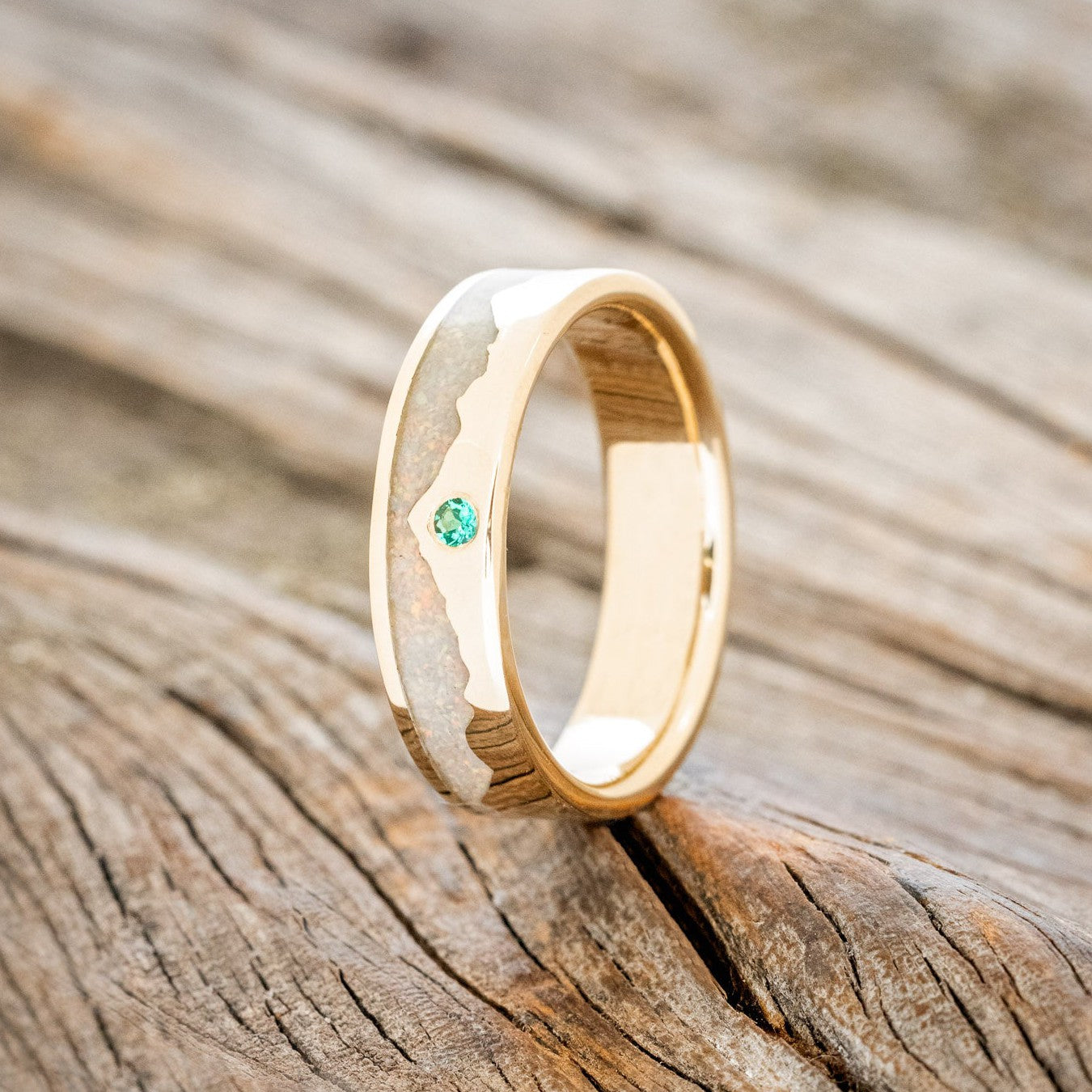 "HELIOS" - FIRE AND ICE OPAL & GOLD MOUNTAIN RANGE WEDDING RING FEATURING A LAB-GROWN EMERALD ACCENT-2