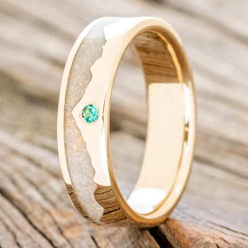 "HELIOS" - FIRE AND ICE OPAL WEDDING RING FEATURING A ROUND CUT GEMSTONE ACCENT AND A MOUNTAIN RANGE-Staghead Designs