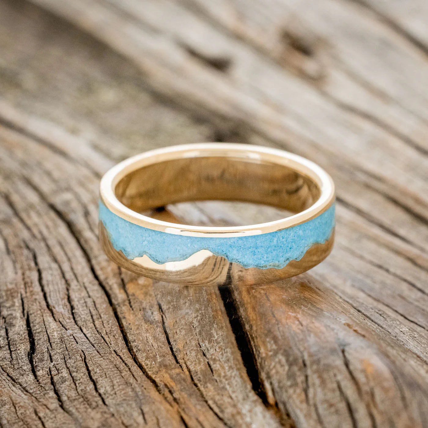"Helios" - Turquoise & 14K Gold Mountain Range Wedding Ring - 14K Yellow Gold (6mm) - Size 12
