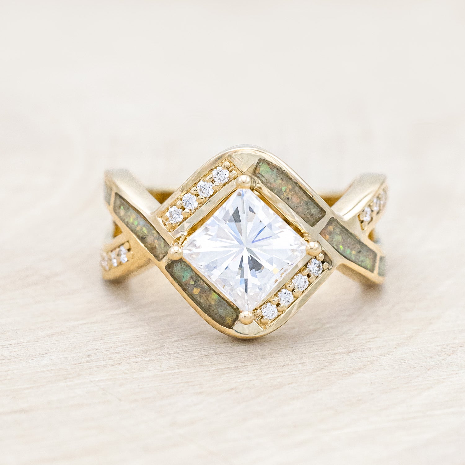 "HELIX" - PRINCESS CUT MOISSANITE ENGAGEMENT RING WITH DIAMOND ACCENTS, CUSTOM INLAYS & A DIAMOND TRACER-Staghead Designs