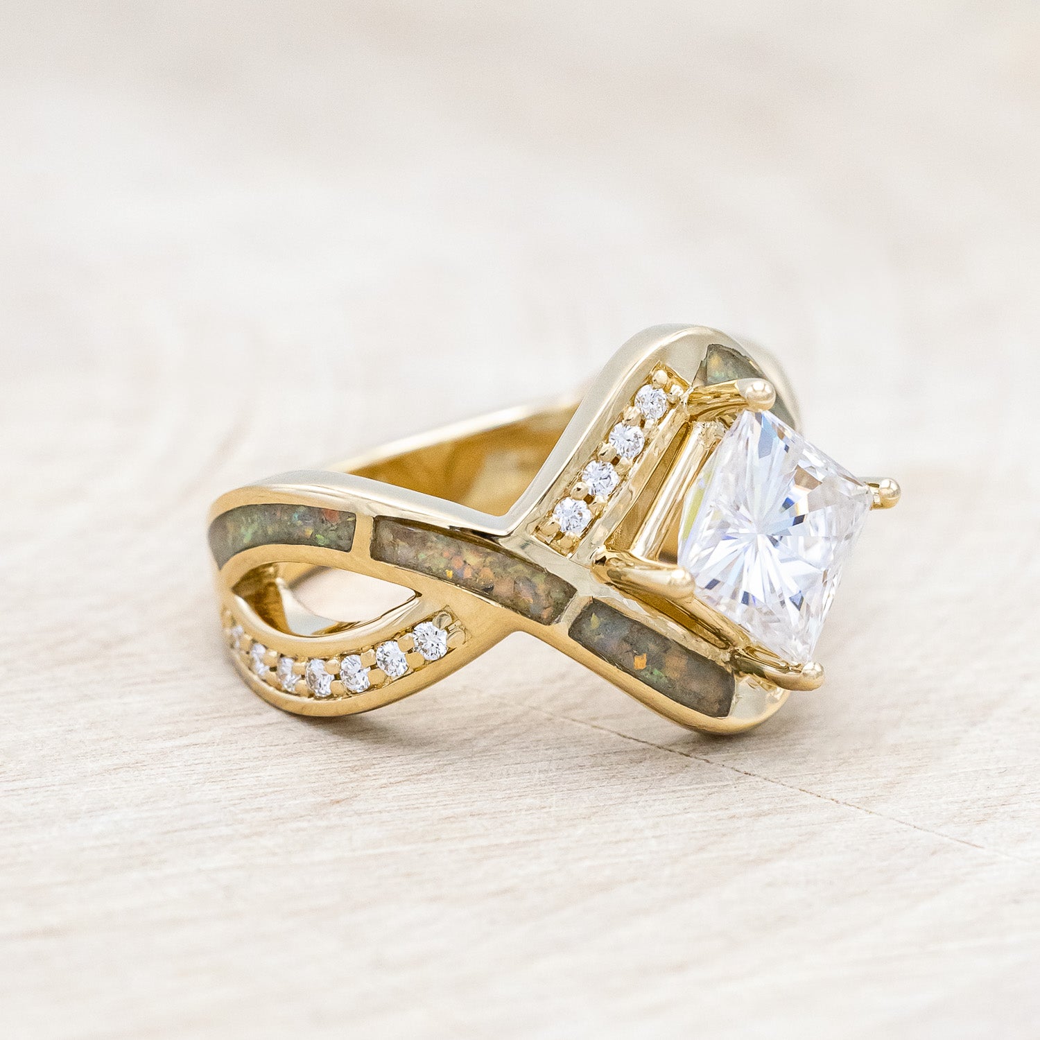 "HELIX" - PRINCESS CUT MOISSANITE ENGAGEMENT RING WITH DIAMOND ACCENTS, CUSTOM INLAYS & A DIAMOND TRACER-Staghead Designs