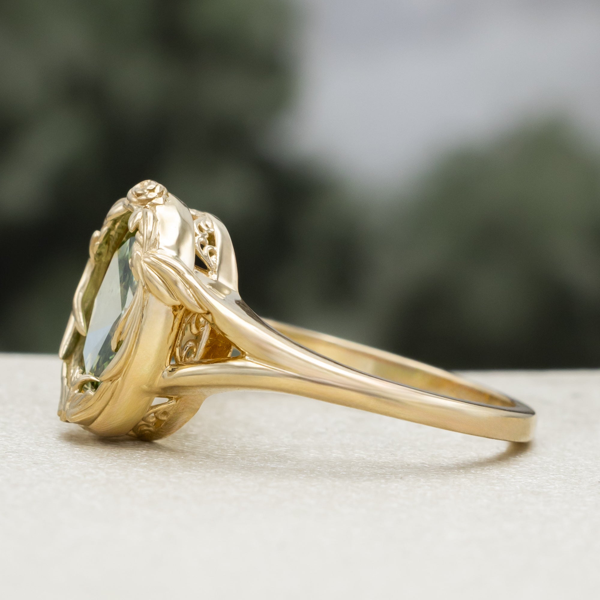 One-Of-A-Kind - "Hirondelle" - Oval Brilliant Cut Lab-Grown Green Diamond Engagement Ring With Swallow Bird-Inspired Filigree-Staghead Designs