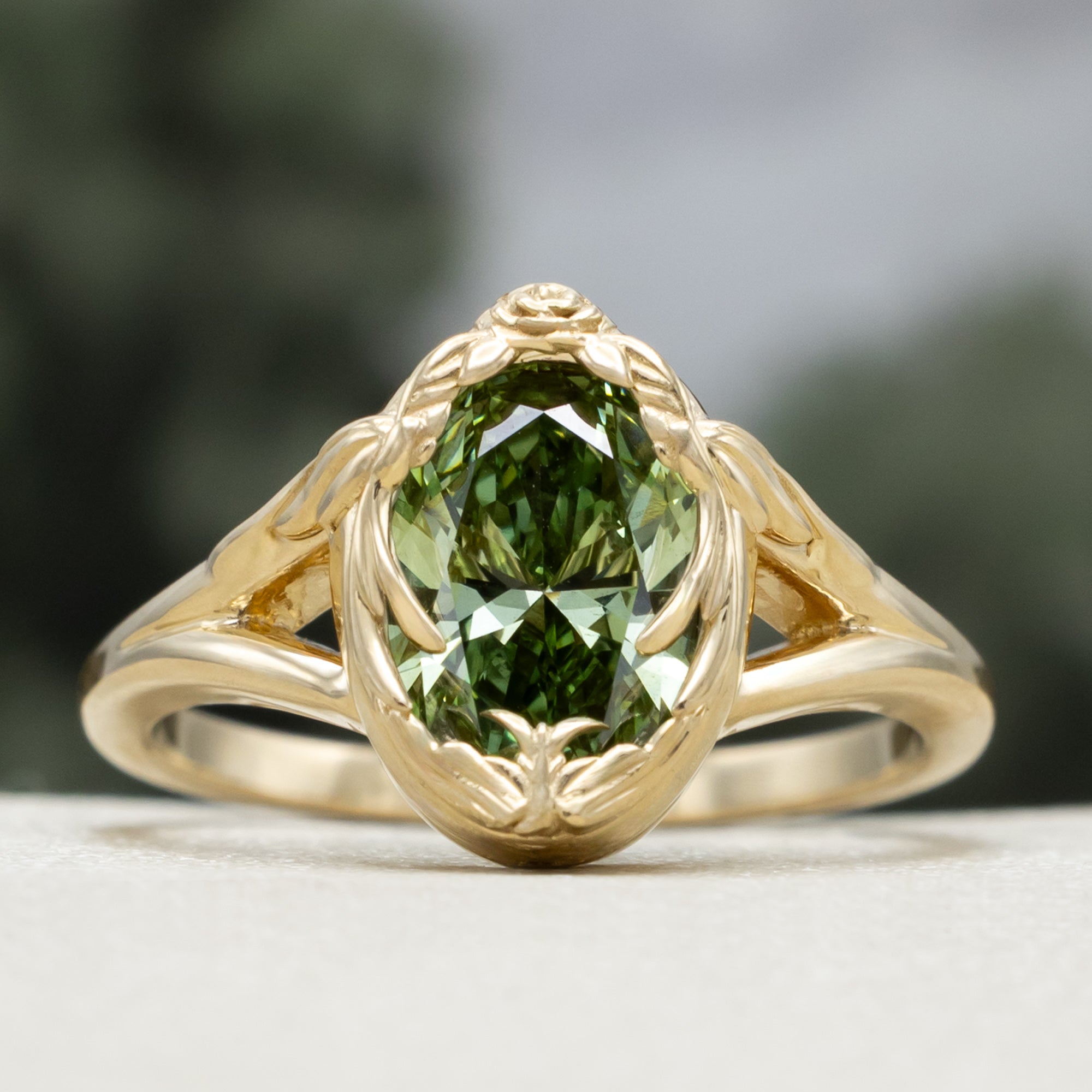 One-Of-A-Kind - "Hirondelle" - Oval Brilliant Cut Lab-Grown Green Diamond Engagement Ring With Swallow Bird-Inspired Filigree-Staghead Designs