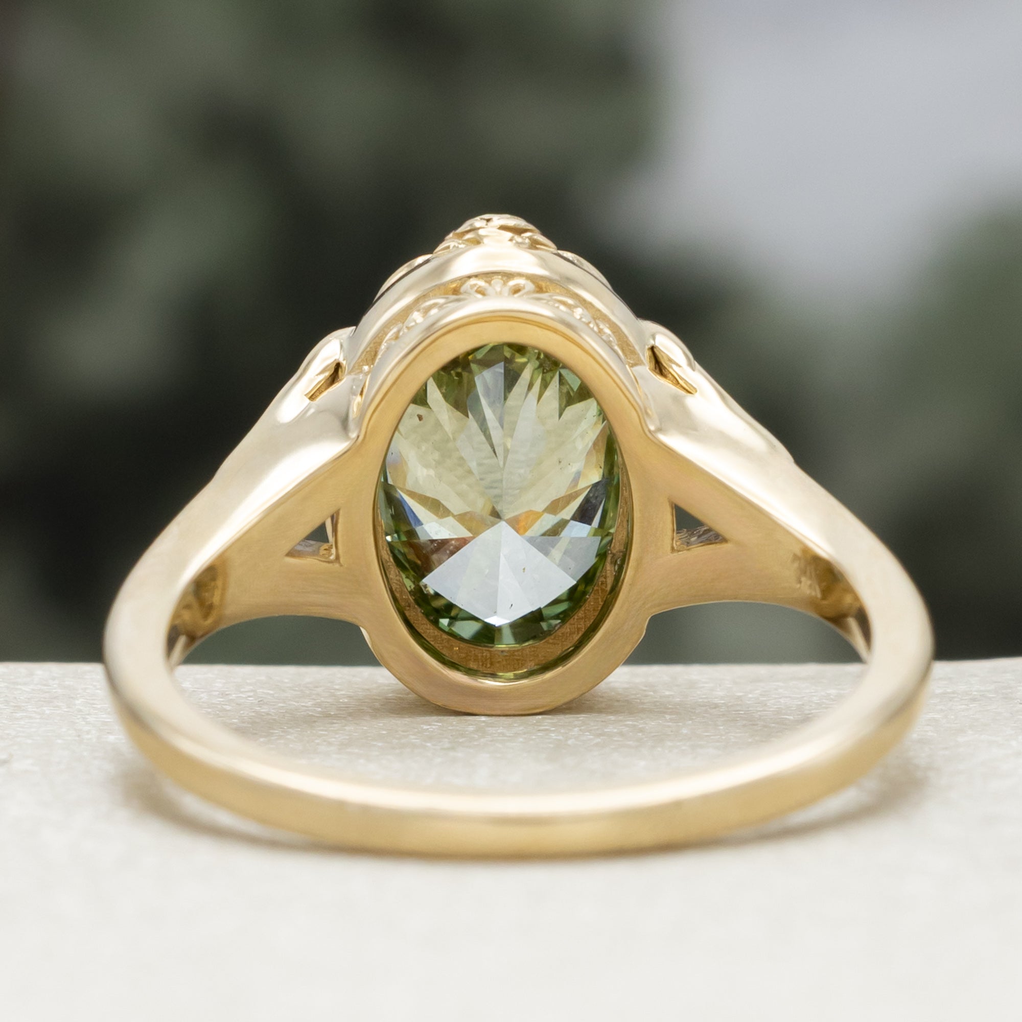 One-Of-A-Kind - "Hirondelle" - Oval Brilliant Cut Lab-Grown Green Diamond Engagement Ring With Swallow Bird-Inspired Filigree-Staghead Designs