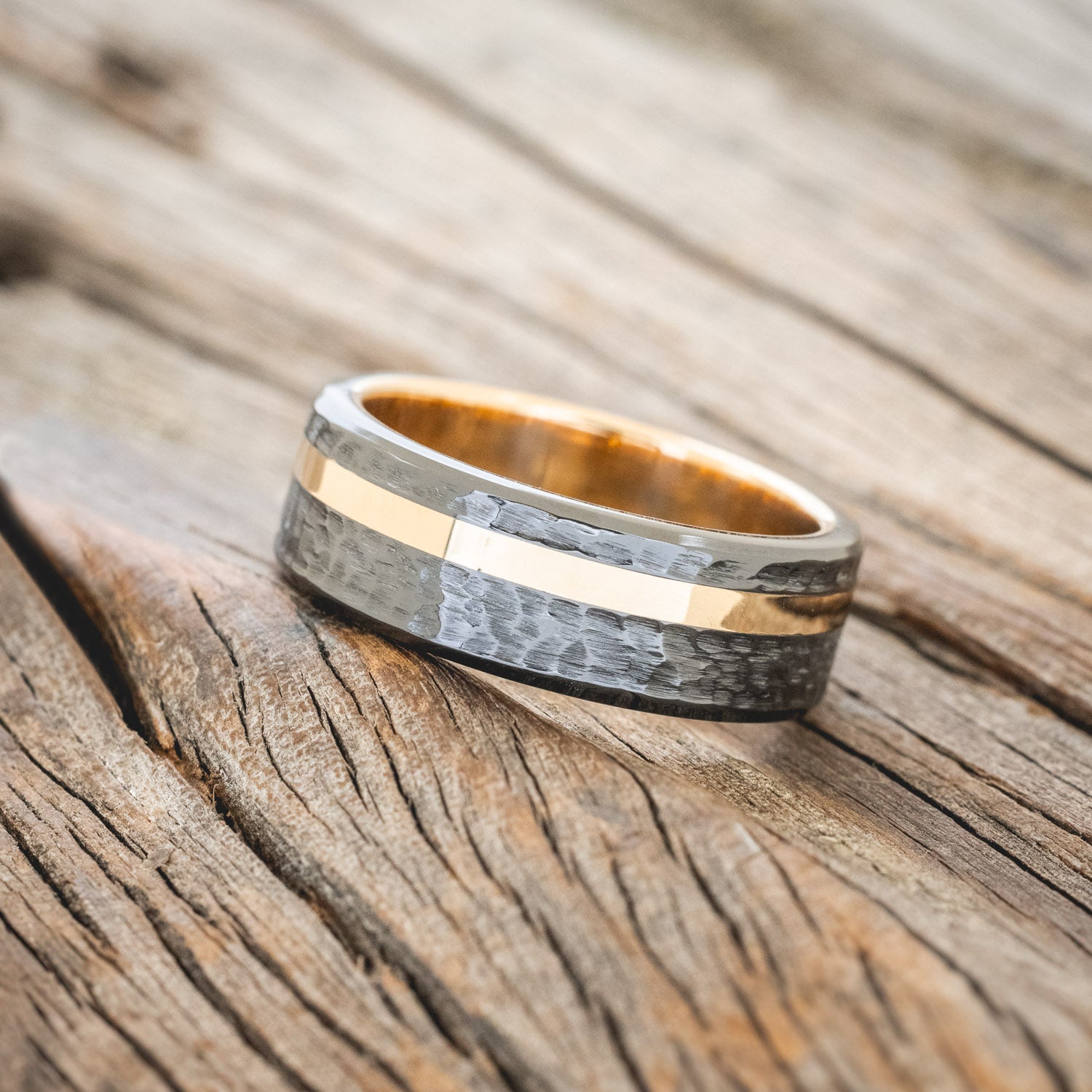 HAMMERED BLACK ZIRCONIUM & 14K GOLD INLAY WEDDING RING FEATURING A 14K GOLD BAND-5