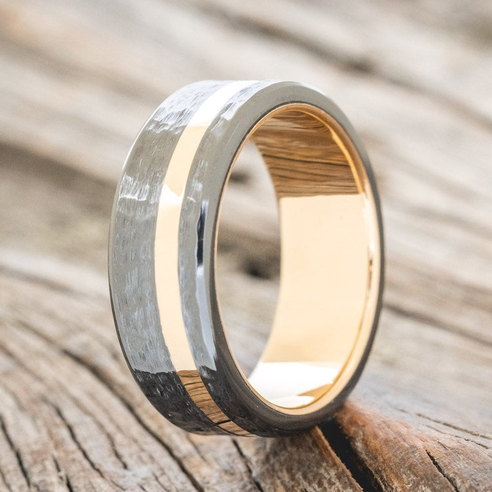 HAMMERED BLACK ZIRCONIUM & 14K GOLD INLAY WEDDING RING FEATURING A 14K GOLD BAND-4