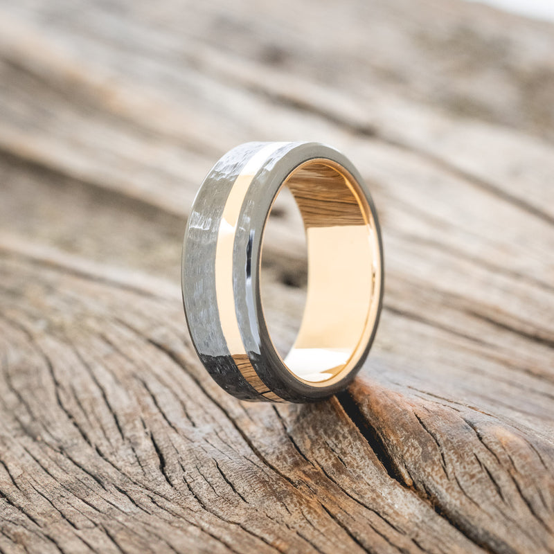 HAMMERED BLACK ZIRCONIUM & 14K GOLD INLAY WEDDING RING FEATURING A 14K GOLD BAND