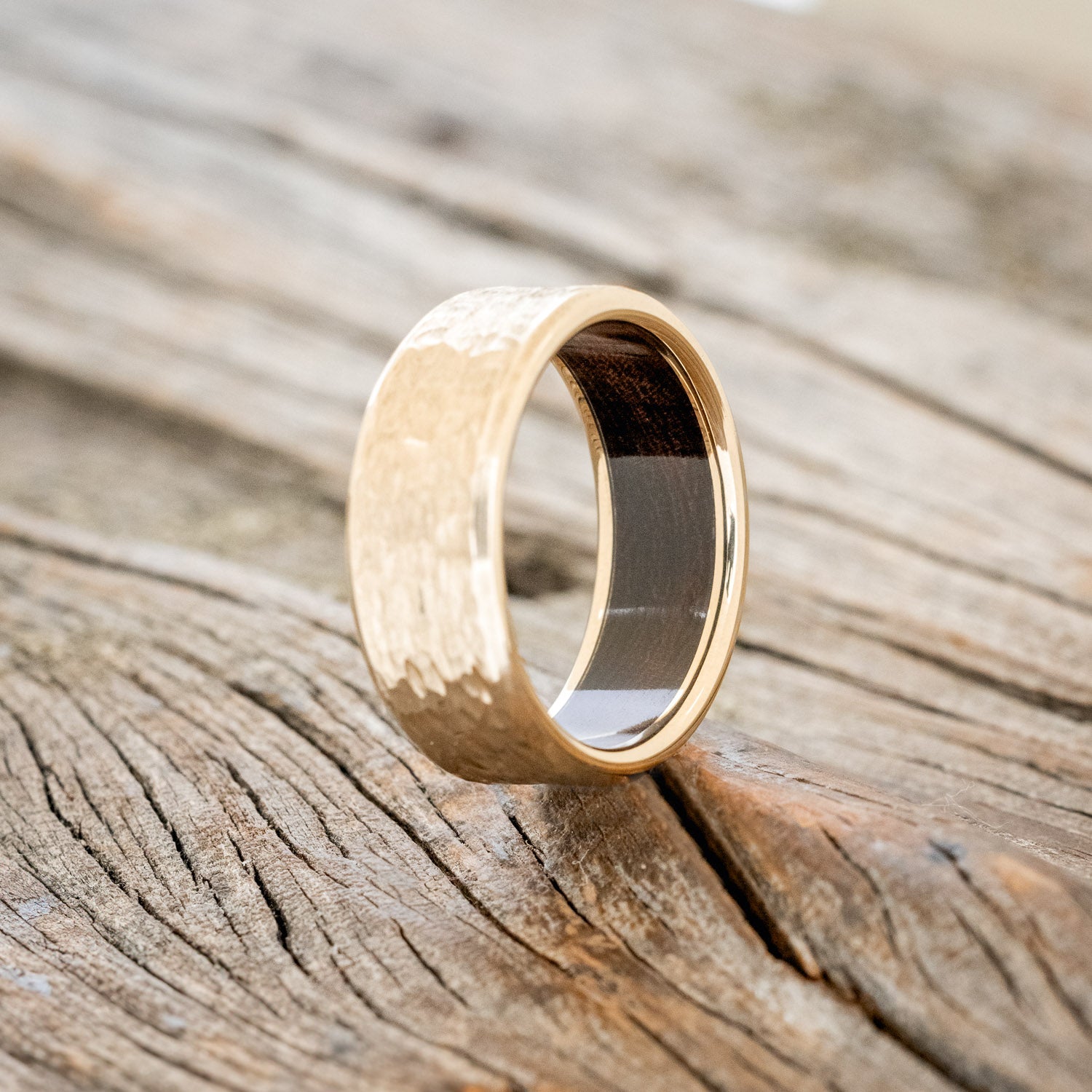 HAMMERED WEDDING BAND WITH IRONWOOD LINING-12