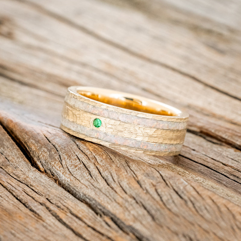 "RYDER" - FIRE & ICE OPAL WITH AN EMERALD ACCENT WEDDING RING IN A HAMMERED FINISH