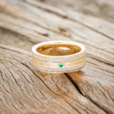 "RYDER" - FIRE & ICE OPAL WITH AN EMERALD ACCENT WEDDING RING IN A HAMMERED FINISH-3