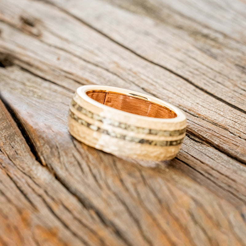 "SILAS" - HAMMERED WEDDING RING WITH GOLD NUGGETS INLAY & RUSTIC COPPER LINING-2