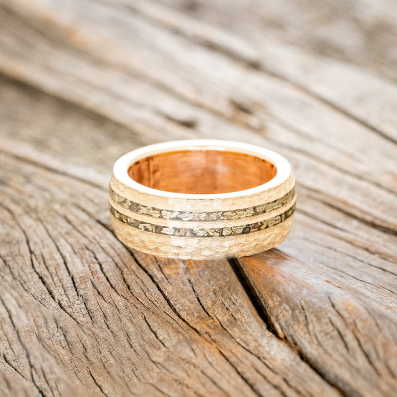 "SILAS" - HAMMERED WEDDING RING WITH GOLD NUGGETS INLAY & RUSTIC COPPER LINING-3