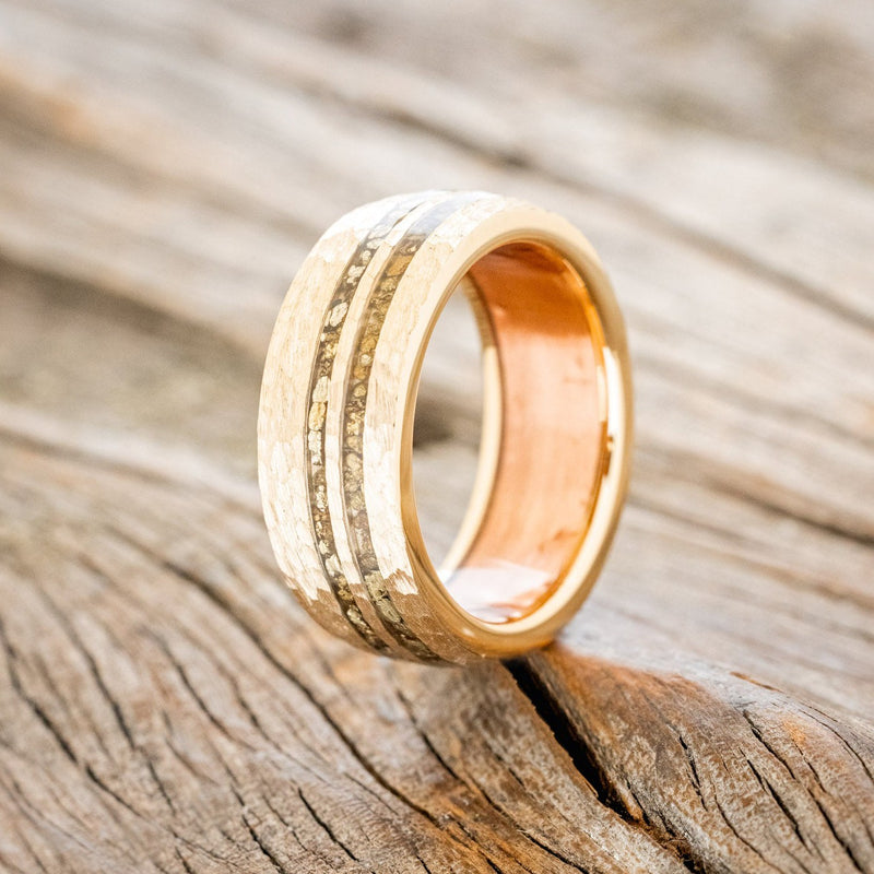 "SILAS" - HAMMERED WEDDING RING WITH GOLD NUGGETS INLAY & RUSTIC COPPER LINING-1