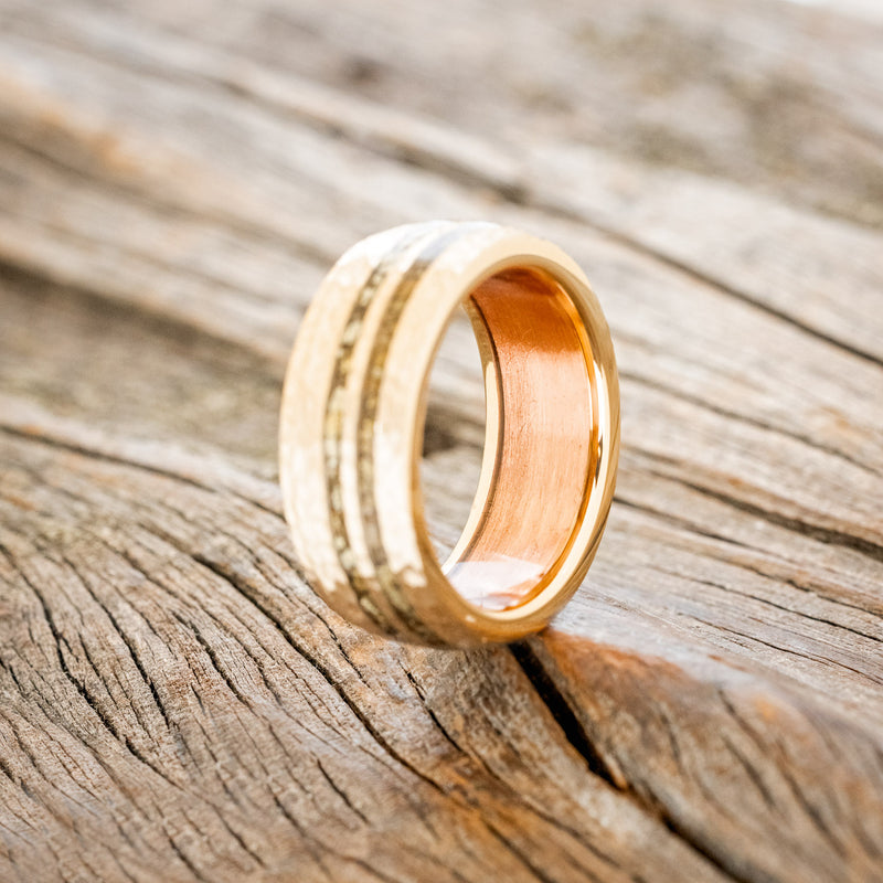 "SILAS" - HAMMERED WEDDING RING WITH GOLD NUGGETS INLAY & RUSTIC COPPER LINING-4