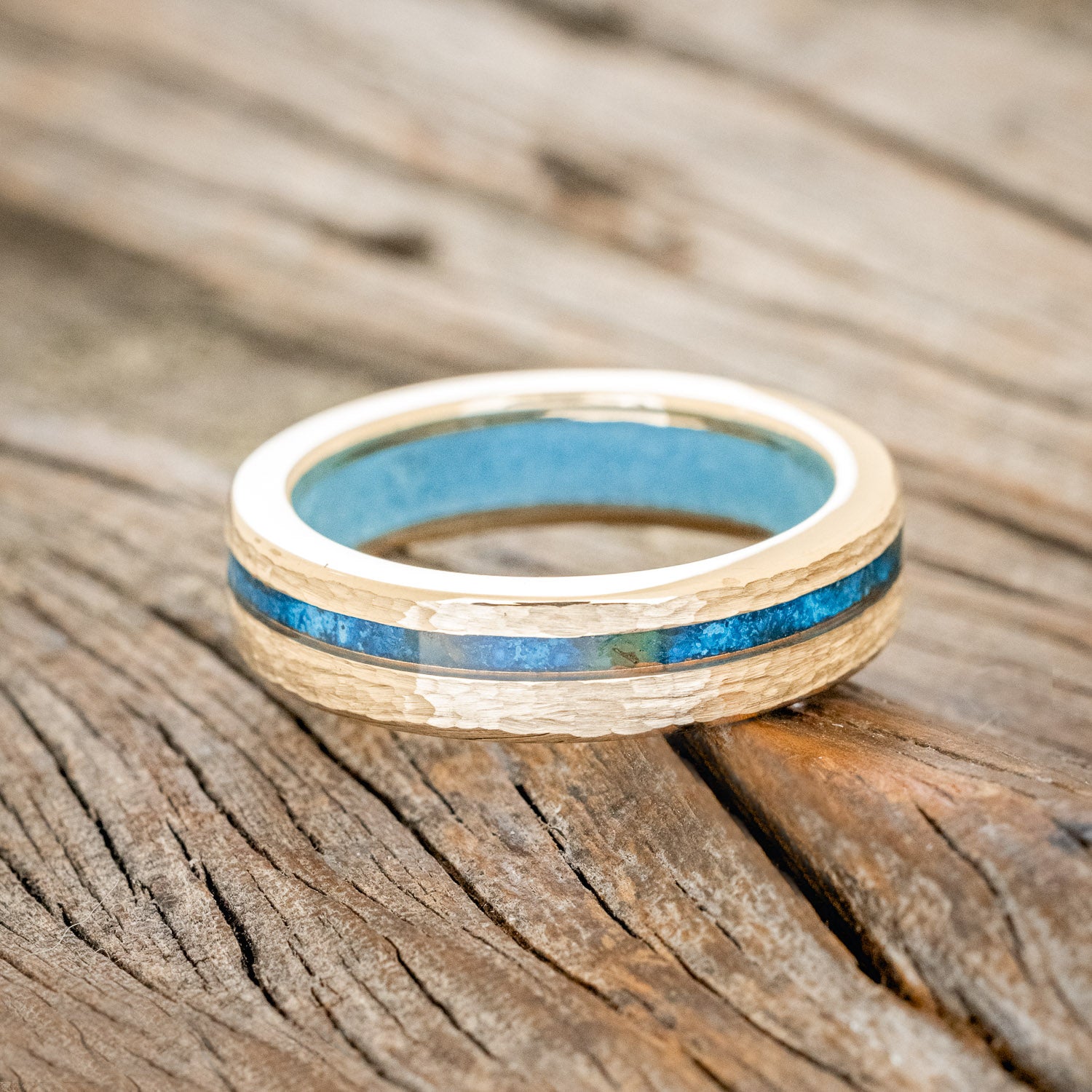 "VERTIGO" - PATINA COPPER WEDDING RING FEATURING A TURQUOISE LINING & HAMMERED 14K GOLD BAND-3
