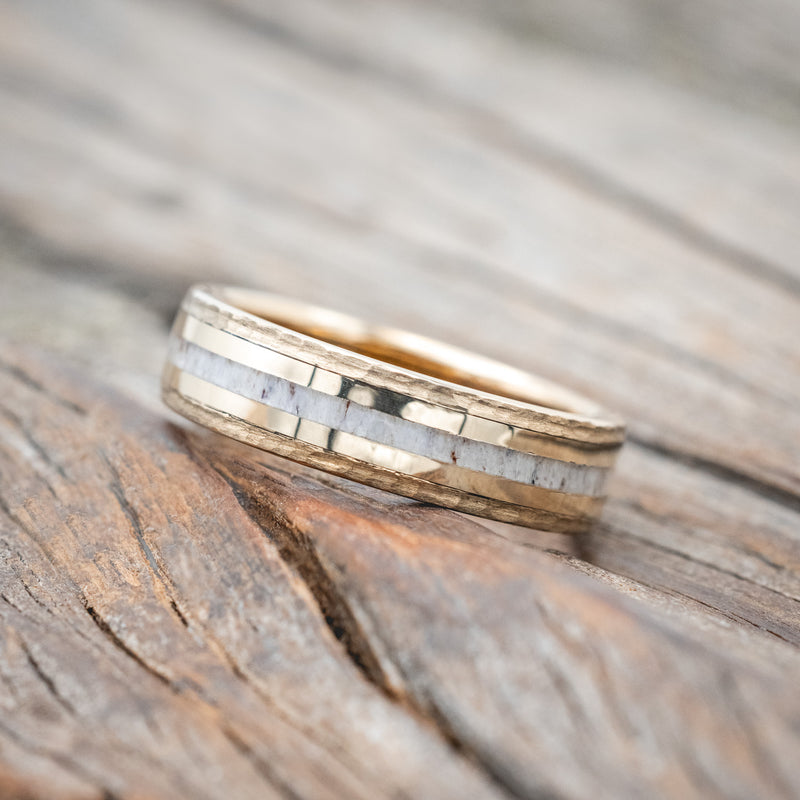 "HOLLIS" - ANTLER & 14K YELLOW GOLD INLAYS WEDDING RING WITH A HAMMERED FINISH-Staghead Designs