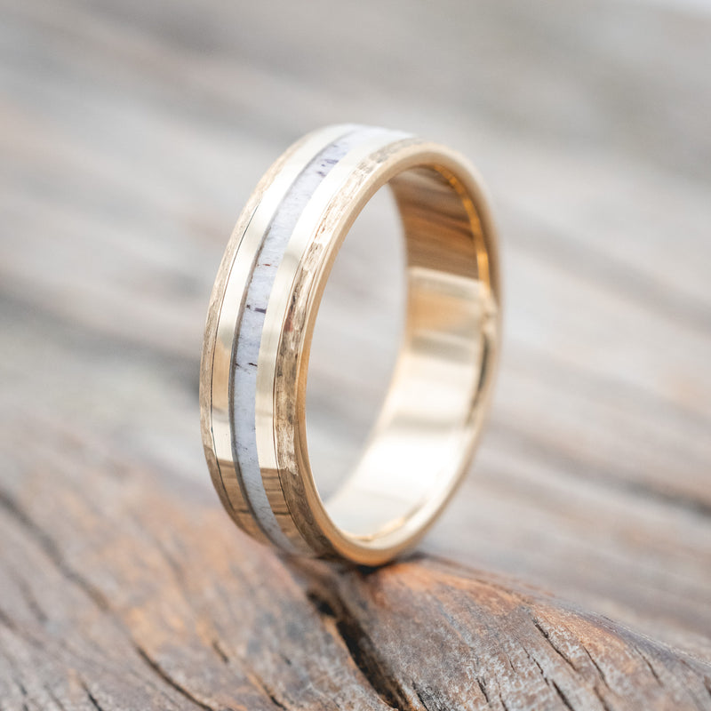 "HOLLIS" - ANTLER & 14K YELLOW GOLD INLAYS WEDDING RING WITH A HAMMERED FINISH-Staghead Designs