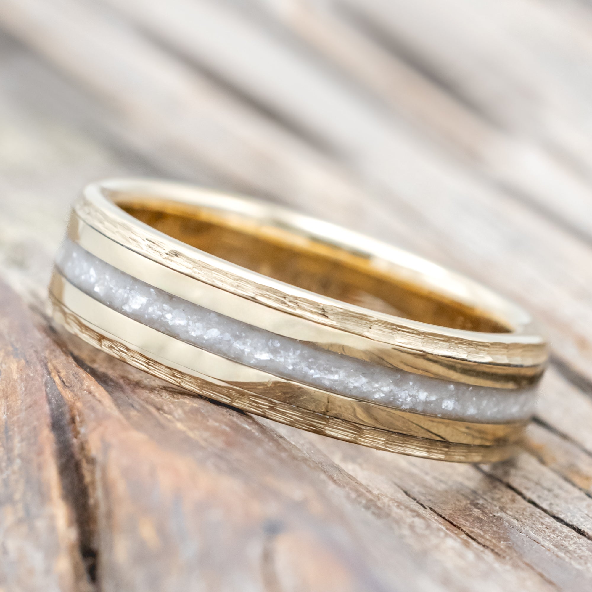 "HOLLIS" - DIAMOND DUST & 14K YELLOW GOLD INLAYS WEDDING RING WITH A HAMMERED FINISH-Staghead Designs