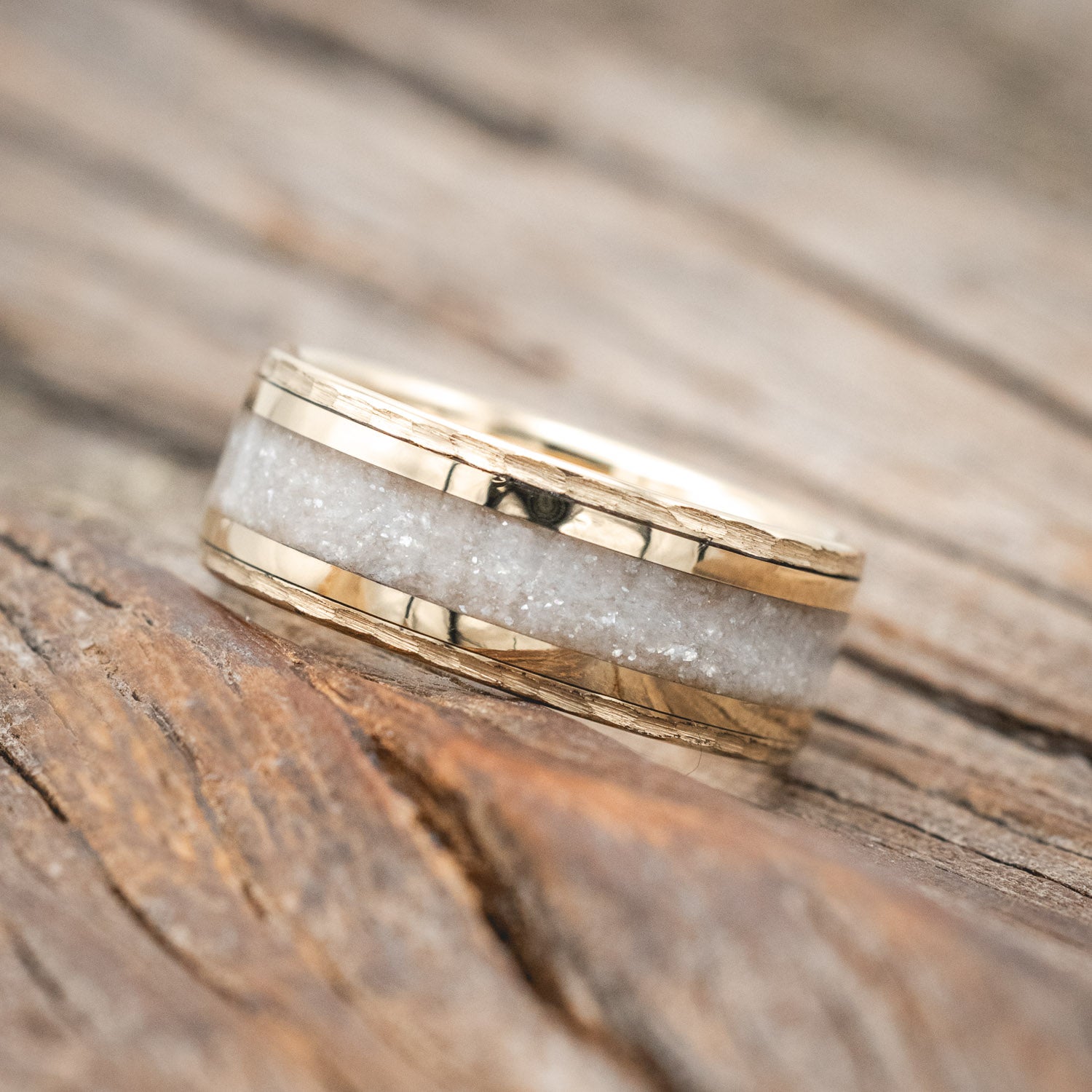 "HOLLIS" - DIAMOND DUST WEDDING RING WITH 14K GOLD INLAYS AND A HAMMERED FINISH-Staghead Designs